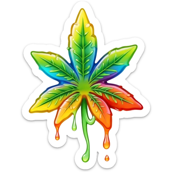 generate an emoji-style image of a juicy gummy shaped like a marijuana flower, make it colorful and with liquid dripping out sticker