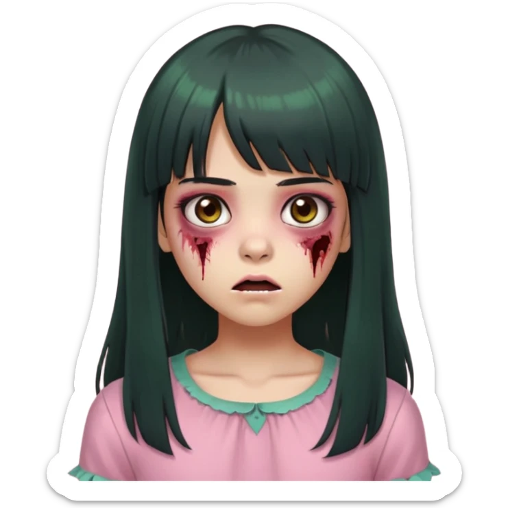 memoji iphone, garota zombie, pele esverdeada acinzentada, boca fechada, garota adolescente, cabelo preto longo, franja, olhos castanhos, blusa rosa  sticker