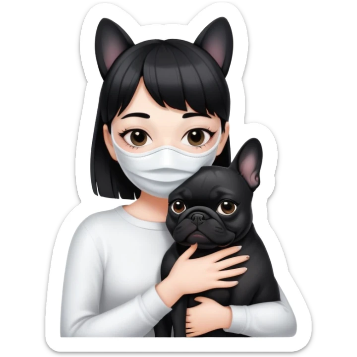 girl with short black straight bangs hair wearing a white mask and hugging a black French bulldog sticker