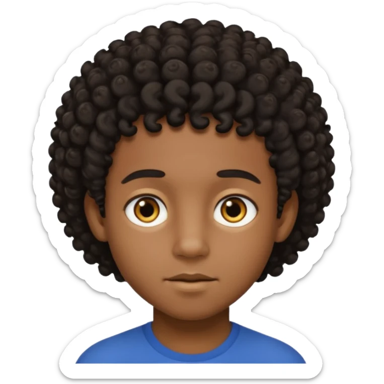 This avatar of black boy has tightly curly dark hair styled upward, a rounded face with golden-brown eyes, and a neutral expression sticker