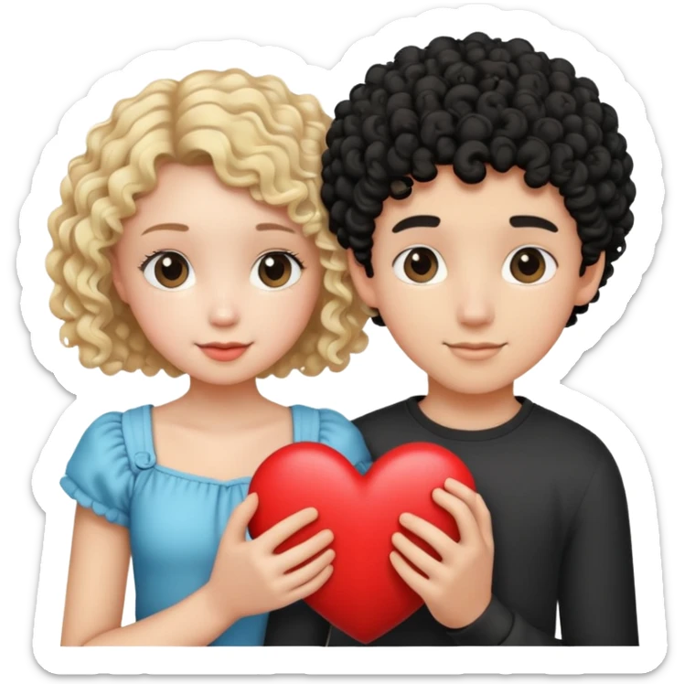 a teenage couple with a blonde girl with curls and a boy with black and short curly hair, with s heart sticker