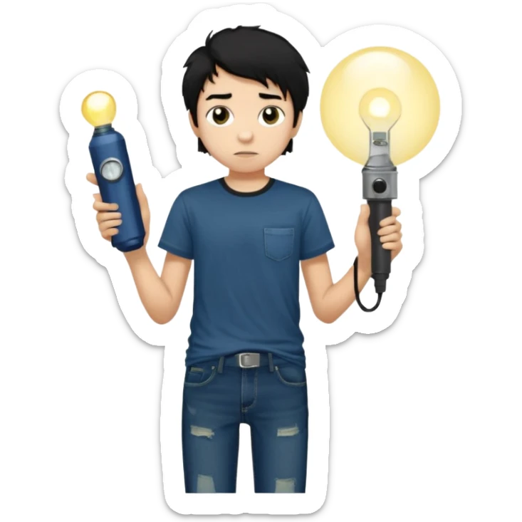  > 15-year-old boy, 165 cm tall, slim build, light tan skin, messy black hair, dark brown eyes with dark circles, wearing a dark t-shirt and faded jeans, holding a small flashlight, expression of curiosity mixed with fear, dim and foggy background, realistic style. sticker