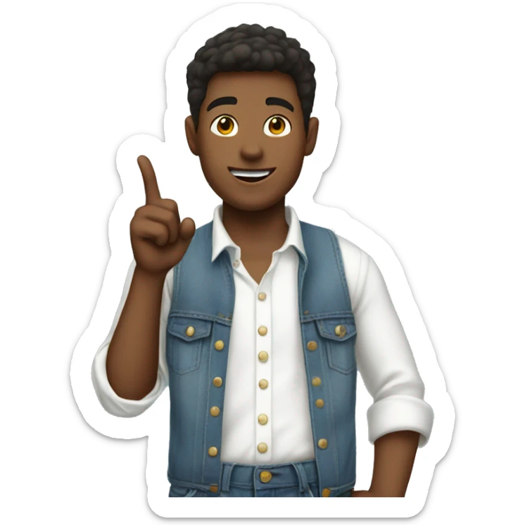 boy pointing to the sky, wearing blue jeans overals and white shirt, half body sticker