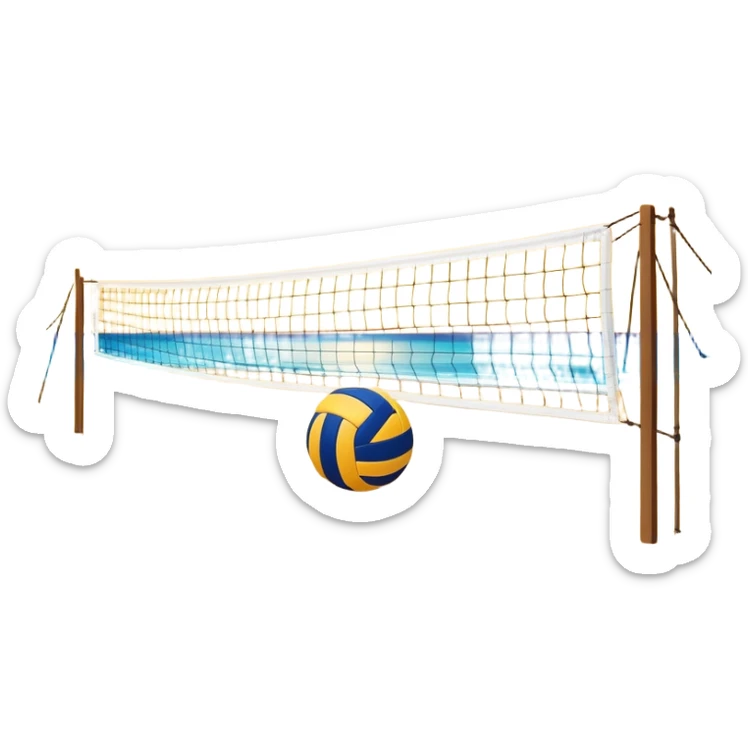 A volleyball resting on the yellow sand on a beach, with the net in the background and a scenic view of the ocean and sky. The scene captures the relaxed yet competitive vibe of beach volleyball, with warm sunlight and the natural beauty of the beach. sticker