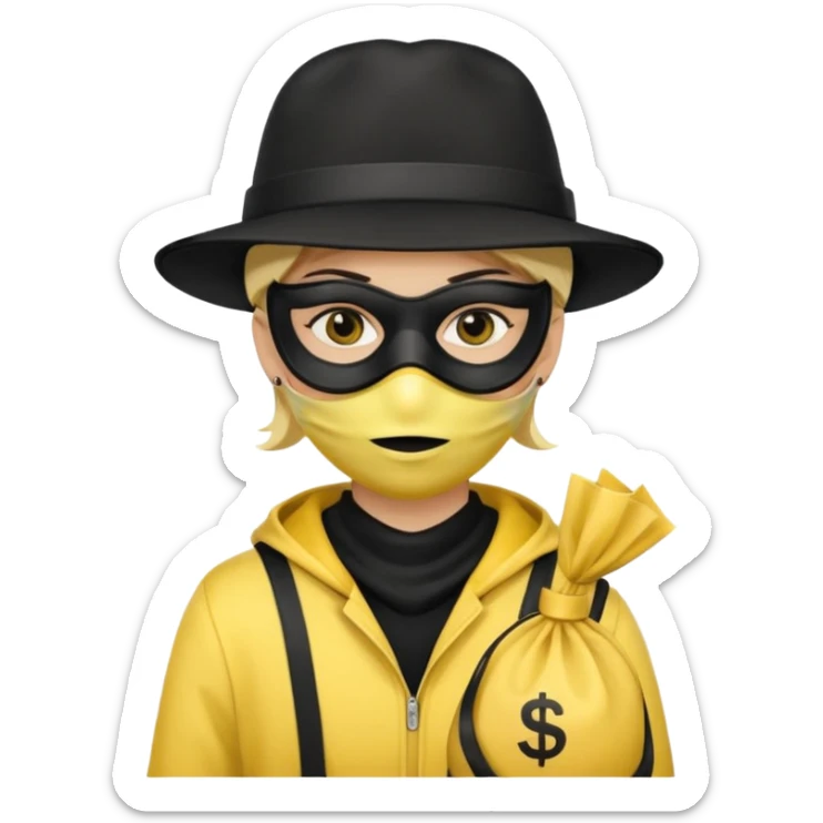 persona - con antifaz negro - gorro negro y bolsa de dinero y color amarillo  sticker