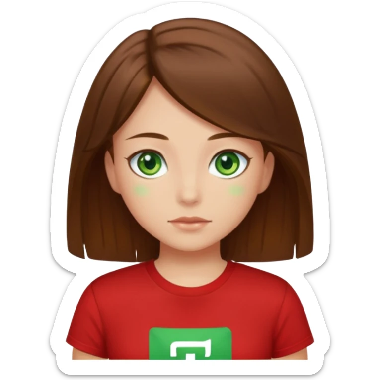 a girl with brown strait hair and has green eyes has a red t-shirt  sticker