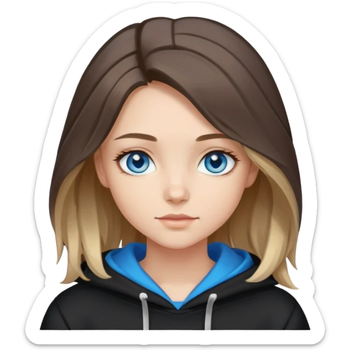 girl with blue eyes, shoulder-length hair with balayage highlights, wearing a black hoodie sticker