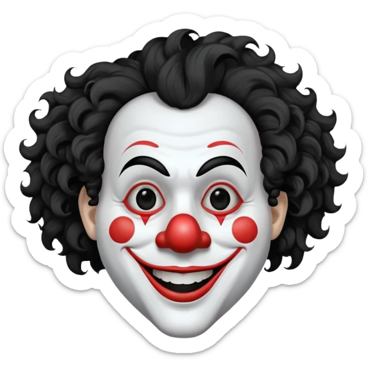generate white clown mask emoji with a big curly black hair 

wide black coloured smile, no red nose but instead long and pointy white nose with no nostrils, pitch black eyes, no brows sticker
