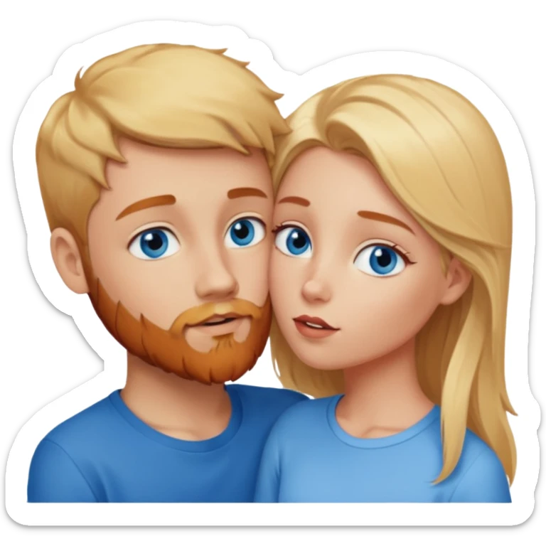 blonde girl blue eyes kissing blonde boy blue eyed white guy, reddish-brownish beard sticker