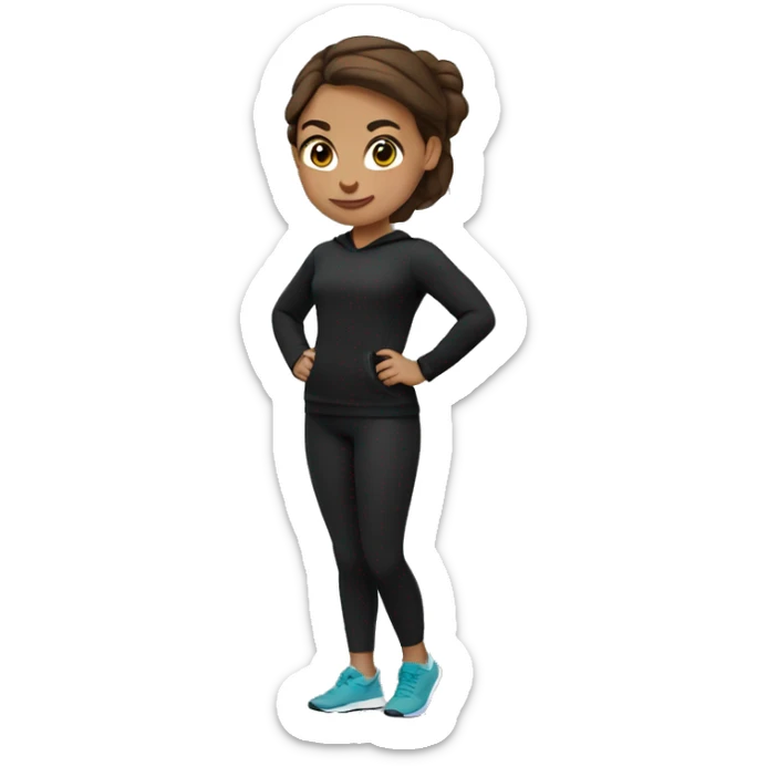 A girl with brown hair is doing fitness in black leggings and a black sweatshirt sticker