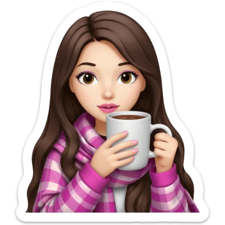 Pink lip, eyelashes, Black eyed brunette girl with long hair and light skin shoulders wrapped up in a pink plaid blanket drinking hot chocolate sticker