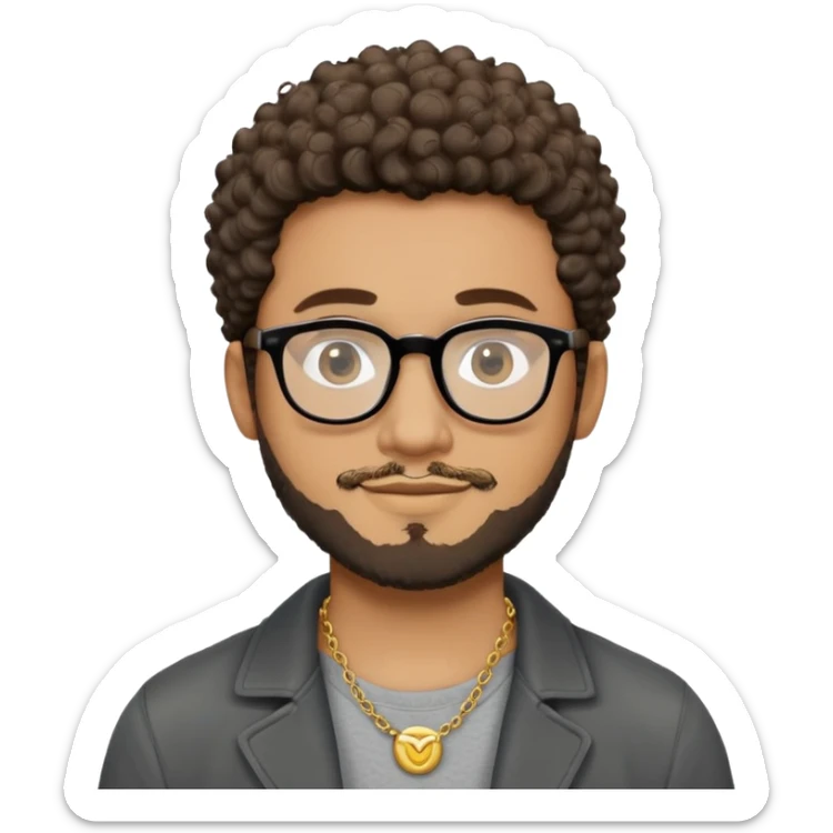 Hombre latino piel marron claro, cara estirada ovalada, gafas redondas oscuras, barba corta, pelo corto rizado. Sonrisa leve, expresión tranquila. Camiseta gris, jacket negro abierto, collar dorado sticker