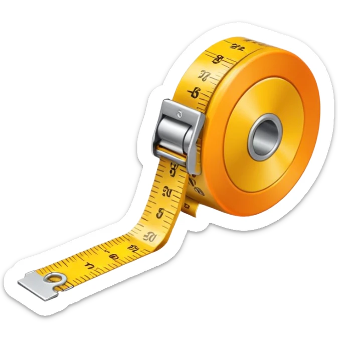 Flat vector illustration of a rolled measuring tape in yellow and orange color, simple bold outlines, minimal shading, emoji style, centered on white background. sticker