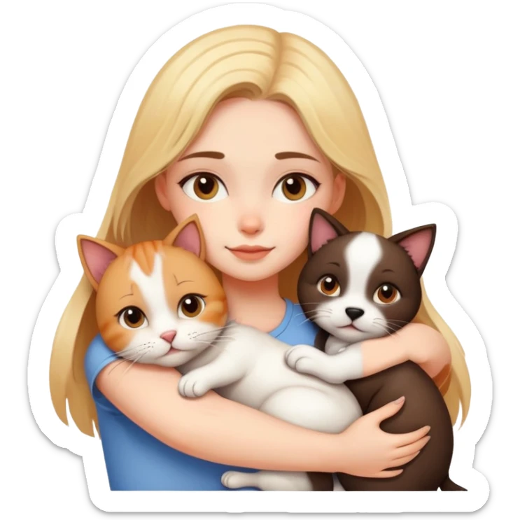Beautiful girl hugs a cat and a dog tightly sticker