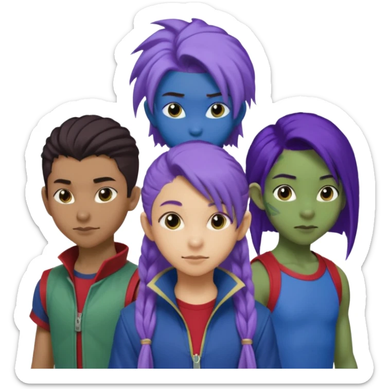 Solo poly platonic relationship, one African girl, one Asian boy, one biracial features Asian tomboy girl rat-tail hair long and upper masculine hair 90s, vampire and marvel cosplay elements inspired  use marvel race, like instead of obvious human, green purple blue etc,  sticker