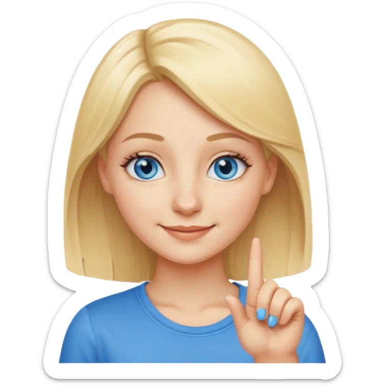 a blond girl with blue eyes putting a finger on the tip of the nose sticker