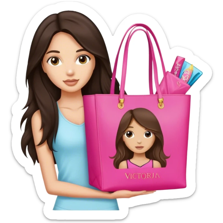 long haired brunette girl and victorias secret bag sticker