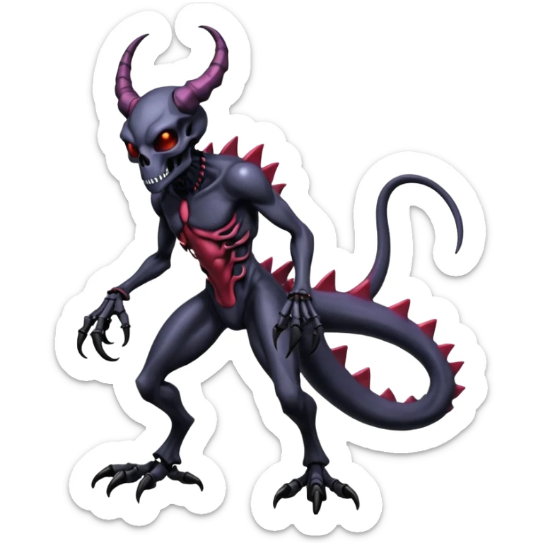 Shiny Horned Futuristic Badass Demonic Spectral Dusky Spooky Skull-faced Cool Hot Stylish Handsome Alien-Salandit-Venom-Darkrai-Genesect-Fakémon-fusion (full body) sticker