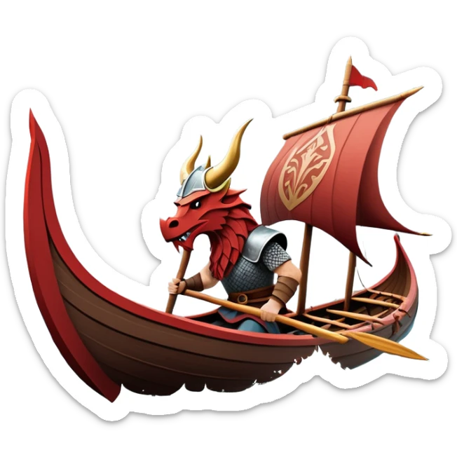 clash-of-clans-aesthetic_-cinematic-viking-longboat, rendered in a flat, bold vector style with minimal shading, featuring a striking dragon-headed prow slicing through waters. shields on the side and vikings rowing The longboat’s, the boat has carved motifs evoke a sense of epic adventure and Nordic might, with billowing sails catching a dramatic, stormy sky backdrop. sticker