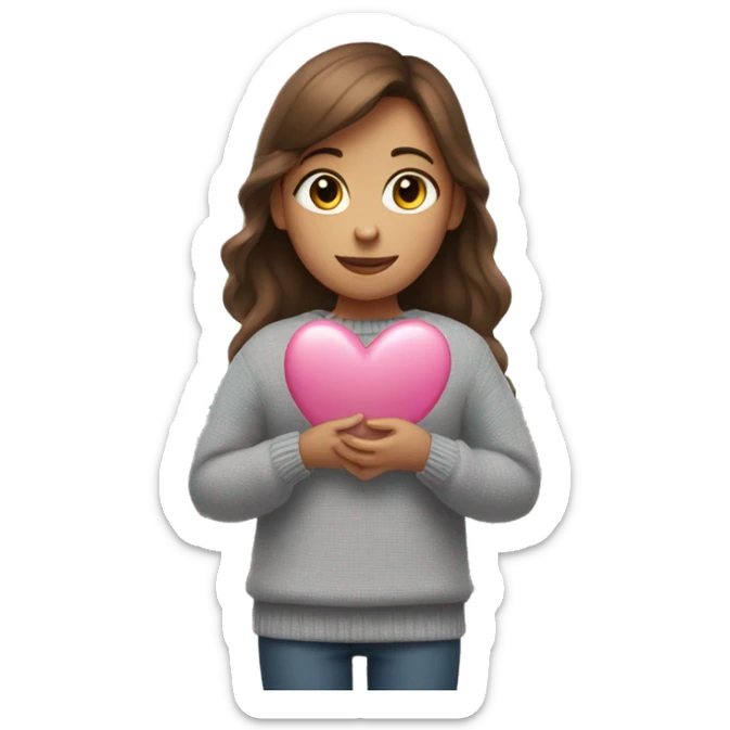 A girl with brown hair in a gray sweater holds a pink heart in her hands sticker