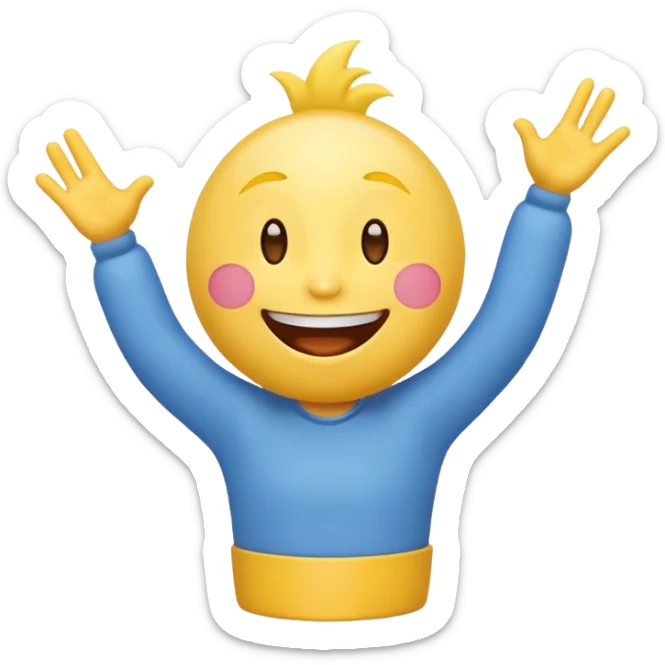 cheerful emoji character named '도훈up' making a lively entrance, radiating positive energy, big smile, playful pose sticker
