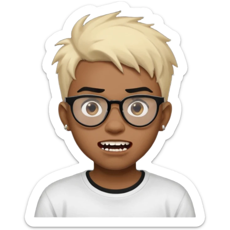 Black Male Teenager with Short punk messy blonde hair, Dark brown bushy eyebrows large expressive golden-brown eyes, wearing a plain white t-shirt, wearing thick black glasses, Dark Brown skin color. Showing off his vampire tooth sticker