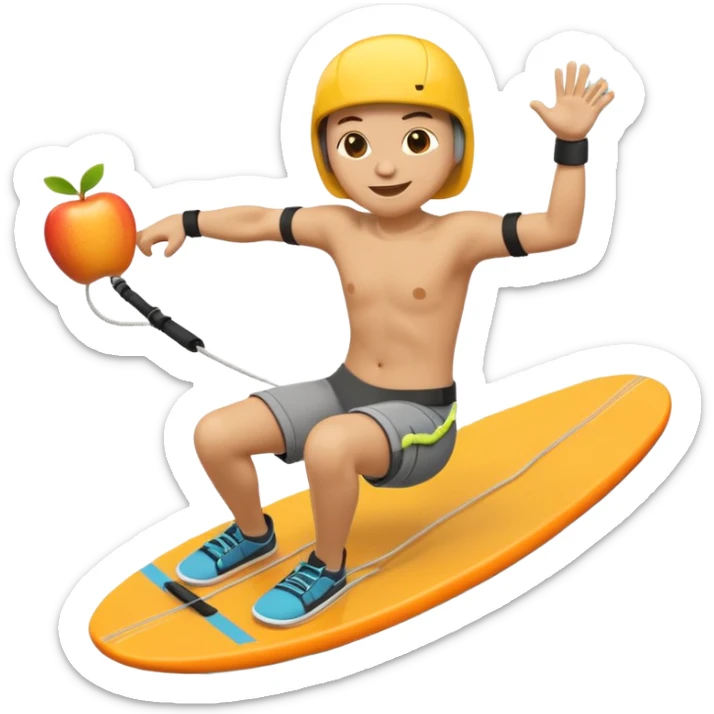 "Apple 3D emoji-style character wakeboarding mid-jump, with arms extended holding an orange rope, legs slightly bent on a yellow board. Stylized water splash behind. Emoji face, rounded body, bright and clean Apple shading. sticker
