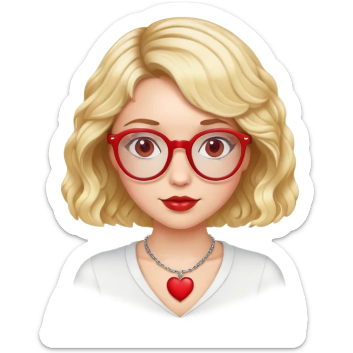 white girl head with short wavy blonde bob hair, red round glasses, heart necklace sticker