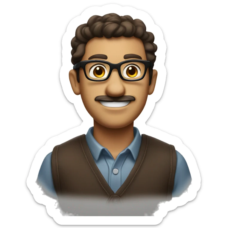goofy smiling nerd with a big black glasses he is brown and have a little mustache  sticker