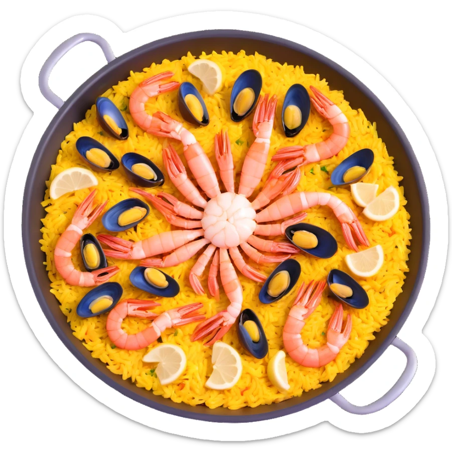 traditional Spanish seafood paella with shrimp, clams, mussels, saffron rice in a paella pan sticker