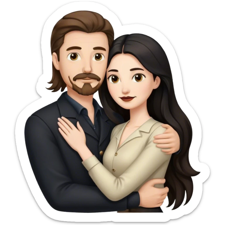 tall white man with brown hair goatee mustache hugging a pale woman with long black hair, wearing elegant clothing sticker