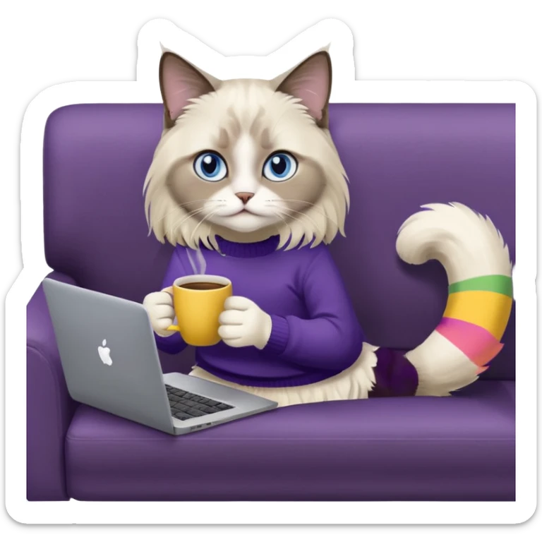 a cute blue eyed brown and white ragdoll cat with white paws and brown and beige tail wearing the dark violet sweater with yellow letteting "Milena" sitting on a grey sofa with grey laptop branded lettering "Lenovo" and drinking coffee sticker
