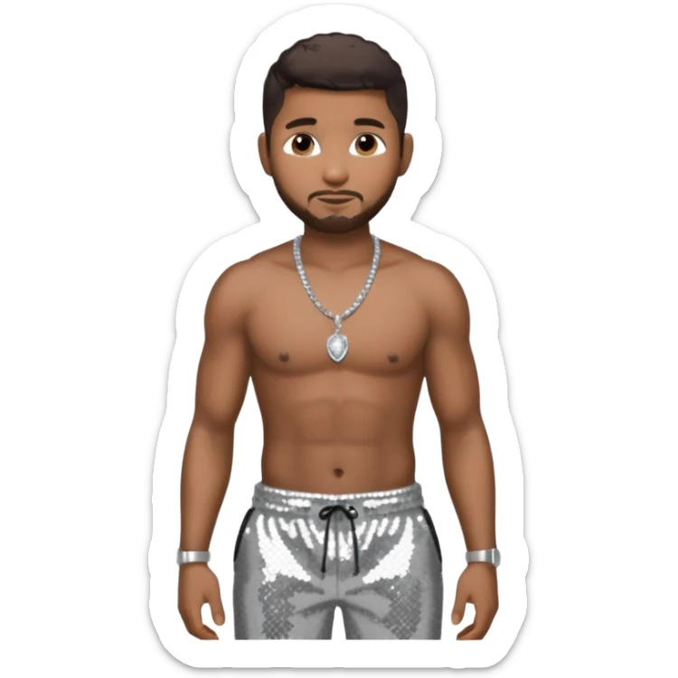 Usher with dark brown hair, black sequin baggy pants, shirtless with necklace sticker