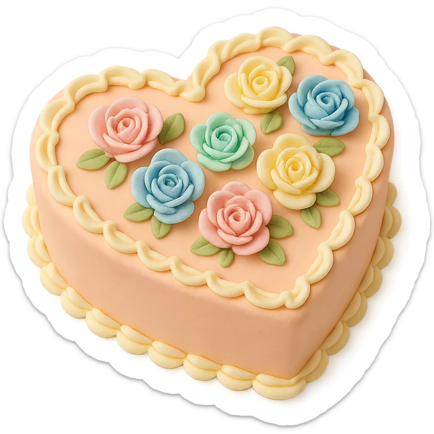 heart-shaped fondant cake with piped buttercream flowers sticker