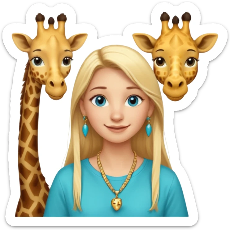 Swedish girl blonde long straigt hair blue eyes turqoise shirt gold earings girrafe necklace gold small long lashes smiling closed mouth sticker