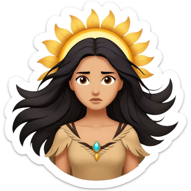 Cinematic Stunning Pocahontas Portrait Emoji, Windswept raven hair flowing behind her, deep brown eyes filled with wisdom and strength, glowing sun-kissed skin, wearing her elegant tan dress, the spirit of the wild in her expression, breathtakingly majestic! sticker