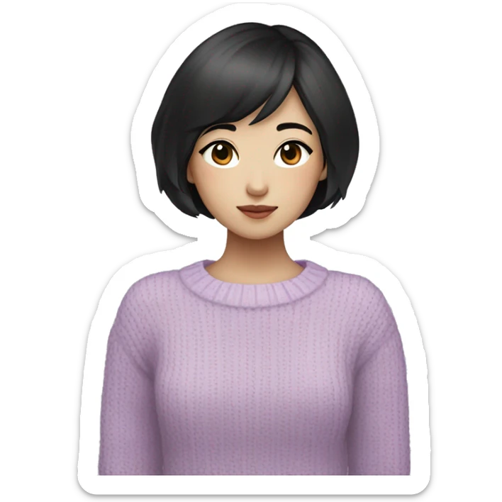 korean girl short black hair sharp jawline, attractive wearing a lilac sweater sticker