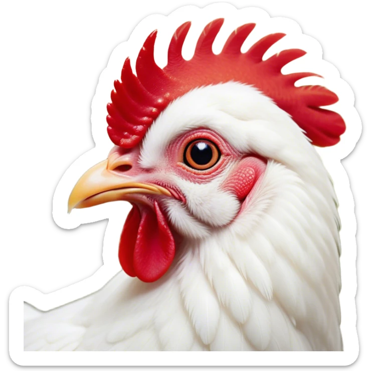 Cinematic Cute White Chicken Portrait Emoji, Head tilted playfully and inquisitively, featuring smooth, immaculate white feathers and a delicate red comb, round, sparkling beady eyes filled with curiosity, Simplified yet irresistibly adorable features, highly detailed, glowing with a warm, friendly glow, high shine, affectionate and lively, stylized with a touch of farmyard whimsy, bright and endearing, soft glowing outline, capturing the essence of a mischievous yet loving chicken, so playful it feels like it could peck out of the screen and into your arms! sticker