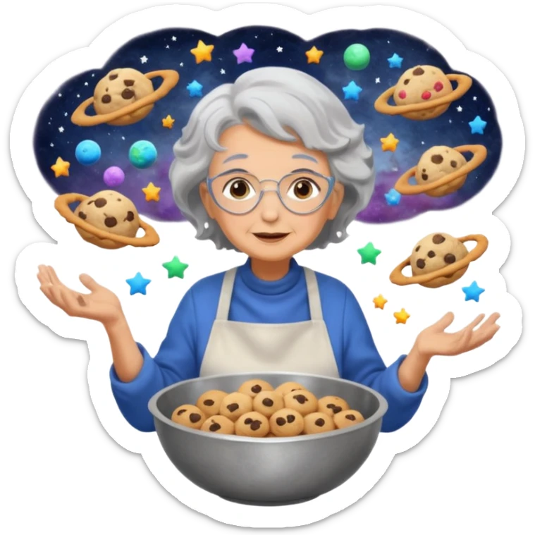 Portrait of a cosmic grandma baking cookies among stars and galaxies, swirling nebula flour clouds, planetary mixing bowls, surreal space setting, emoji-style sticker
