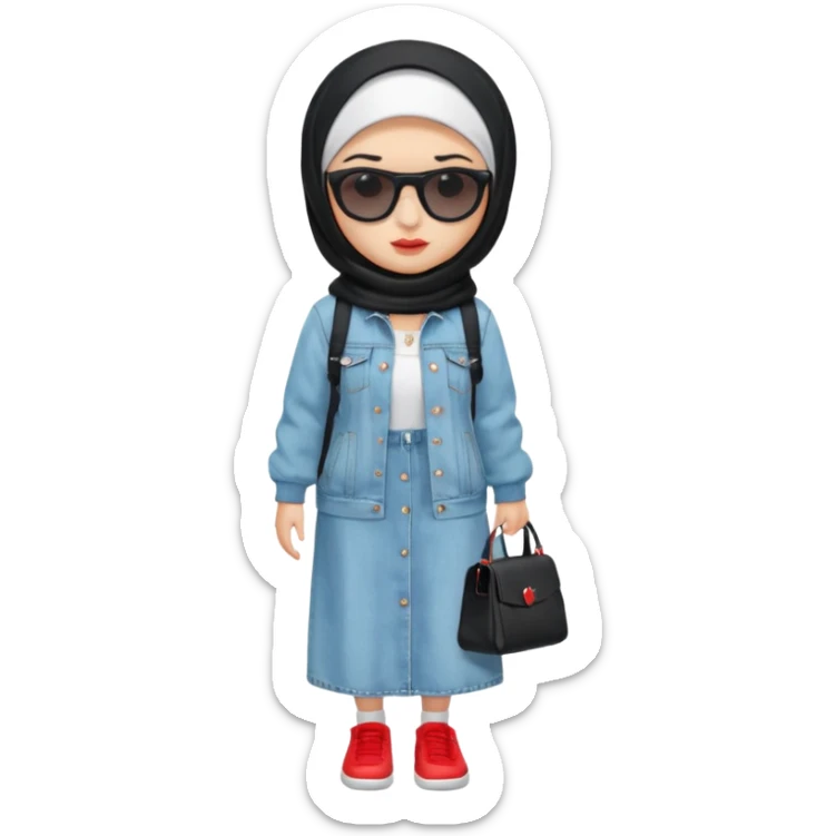 female memoji character, iPhone style, wearing black hijab, white long dress, oversized light blue denim jacket, white socks, black shoes with red detail, black shoulder bag, sunglasses on head, cute expression, no background, transparent PNG sticker