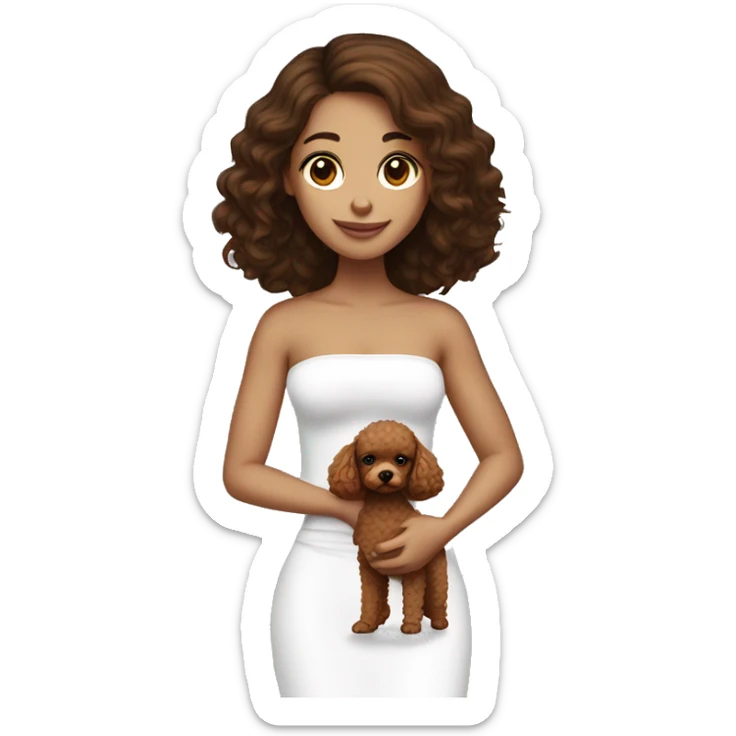 Brunette straight hair girl , in white strapless top holding a brown toy poodle sticker