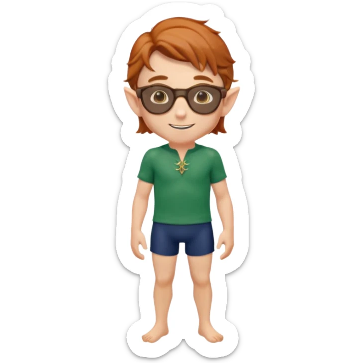 elf male legolas portrait, classic navy swim trunks, timeless wayfarer sunglasses (tortoiseshell), windswept auburn hair, friendly smile, clear pointy ears, no background, centered emoji, iconic summer look sticker