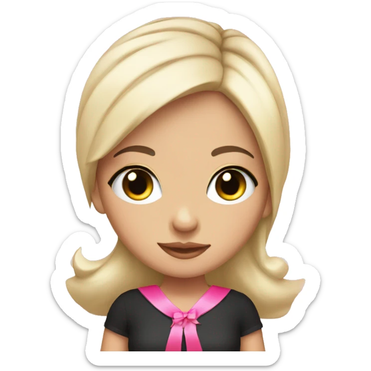 girl with black hair and eyelashes and a pink ribbon in her hair sticker