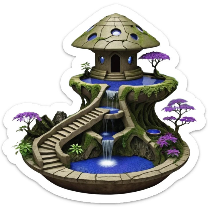 Alien saucer house jungle-vines unevenly precarious stairway fountain mountain-island landscape antique mudman very old broken cracked intricate Stone Age lapis-crusted irregular dodecagon-shaped shallow dark moss rough bark violet serissa flowered maple tree bonsai pot sticker
