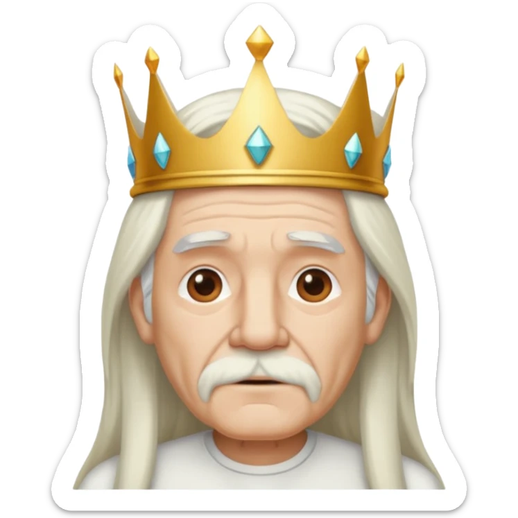 old man with long white hair and no moustache wearing a white shirt and a crown sticker