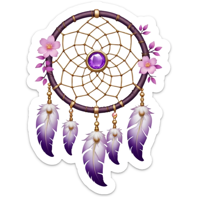 A white Dreamcatcher with purple-round-orb-stones, gold-ring-accents, purple tint flowers, pink sakura flowers, sticker