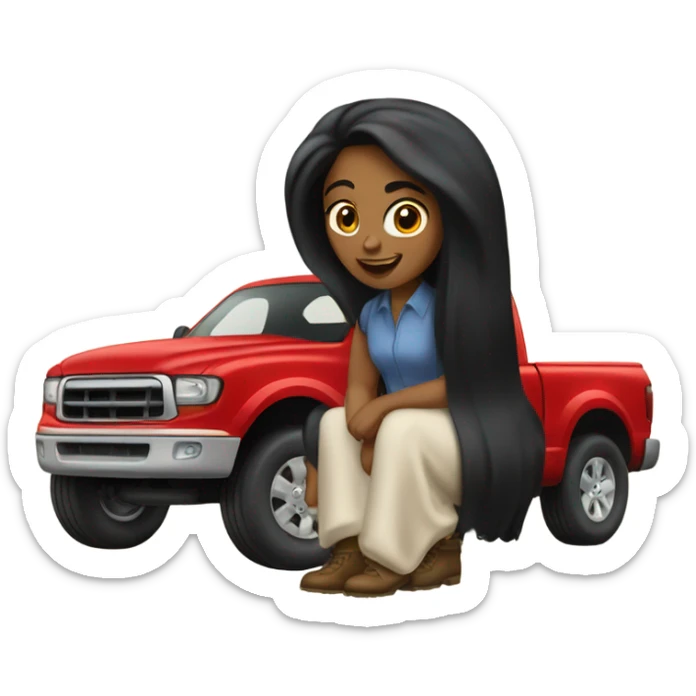 A white lady with long black hair, driving an older red pick up truck sticker