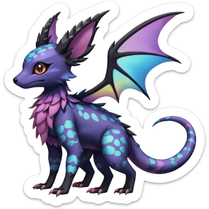 Rare epic aesthetic iridescent spooky gloomy colorful Salandit-Noibat-Eevee-Genet-species-Fakemon-hybrid-creature, with markings, full body sticker