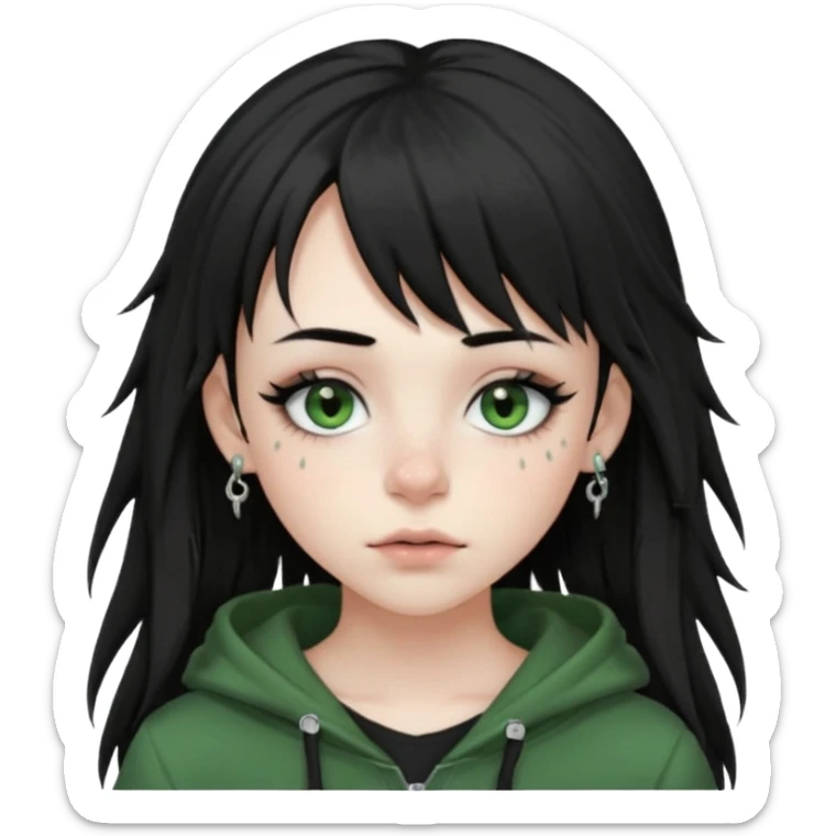 girl with black long layered hair with wispy bangs, pale skin, black t shirt, freckles on nose, dark nude colored lipliner, fluffy lashes, green hooded eyes, black spiky septum ring, eyebrow piercing, blush, thin black eyebrows. sticker