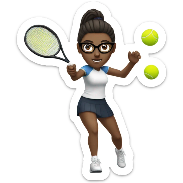 White woman long dark hair glasses hitting tennis ball has glasses and pony tail  sticker